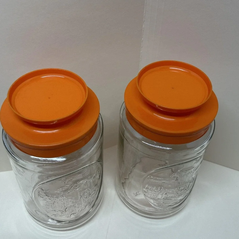 Vintage Glass Canisters Orange Lid‎ Tang Anchor Hocking Wharf And Wheel House 7